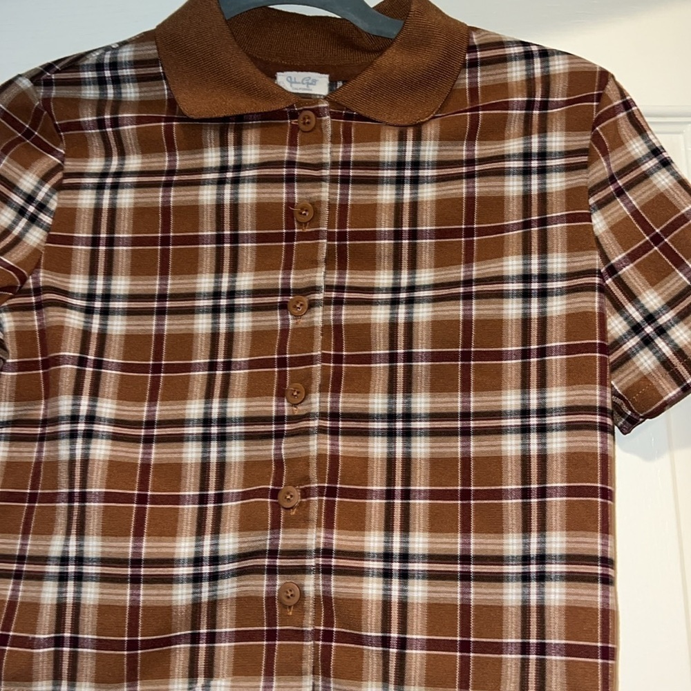 John Galt (Brandy Melville Sub-brand)Brown Plaid Short Sleeve Button Up Shirt - Picture 3 of 8